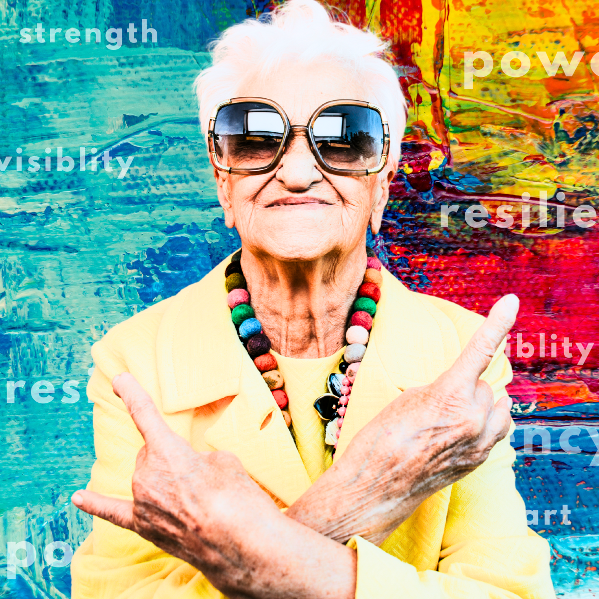 a woman stands in front of a blue and red background with her hands crossed on her chest